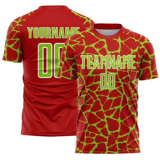 Custom Red Neon Green-White Abstract Network Splash Sublimation Soccer Uniform Jersey - Sky-Custom