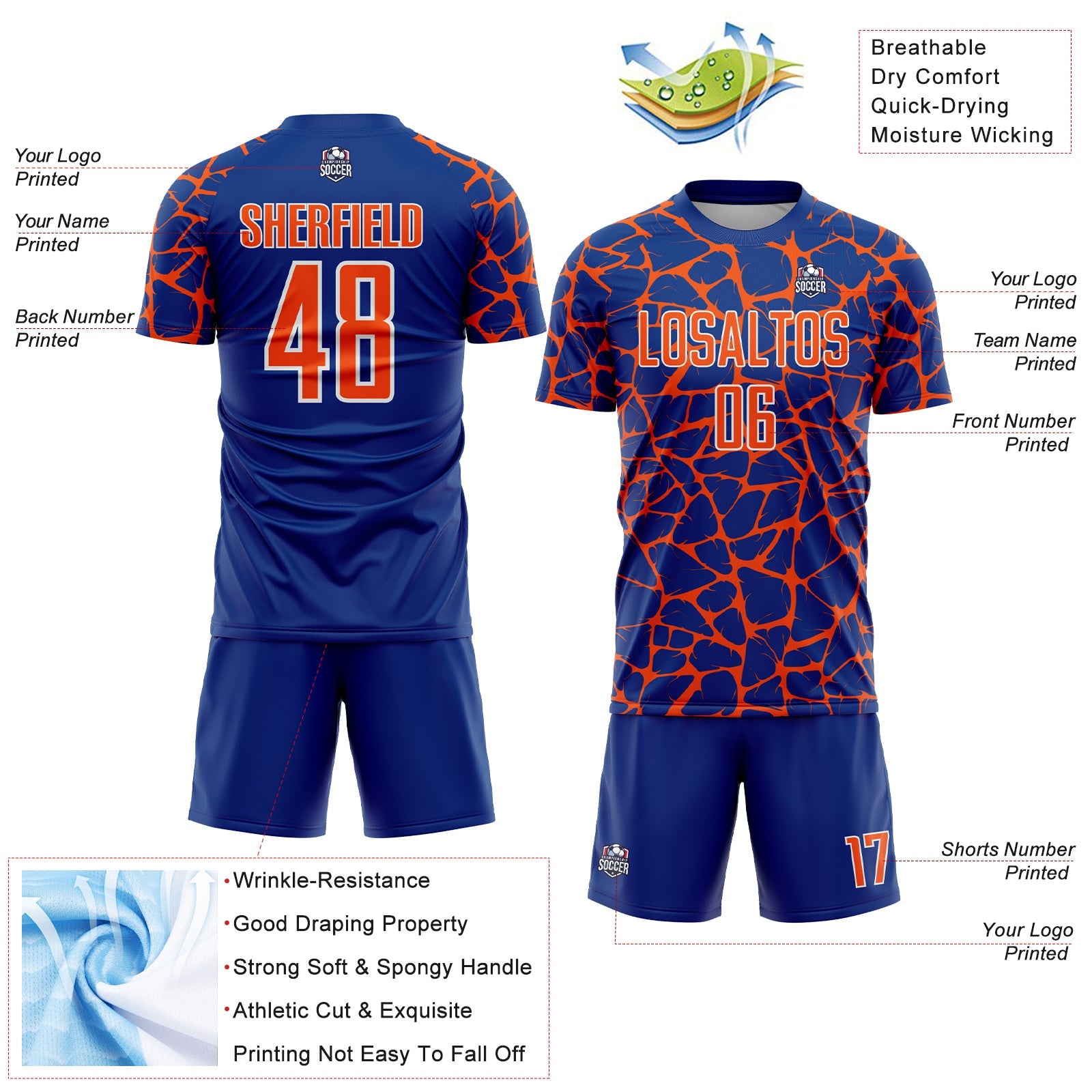 Custom Royal Orange-White Abstract Network Splash Sublimation Soccer Uniform Jersey - Sky-Custom