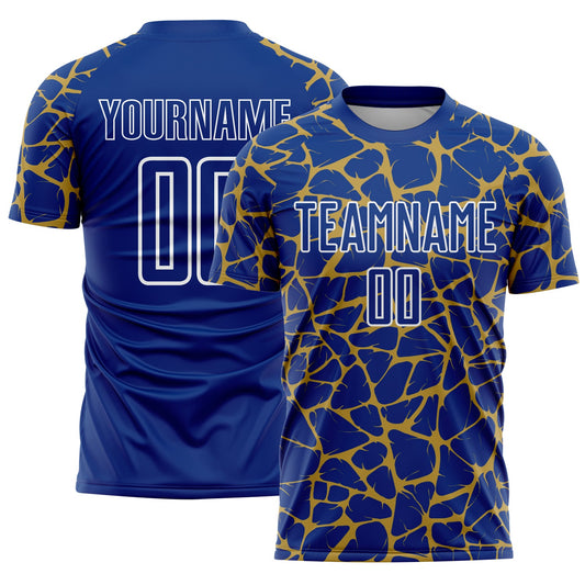 Custom Royal Old Gold-White Abstract Network Splash Sublimation Soccer Uniform Jersey - Sky-Custom