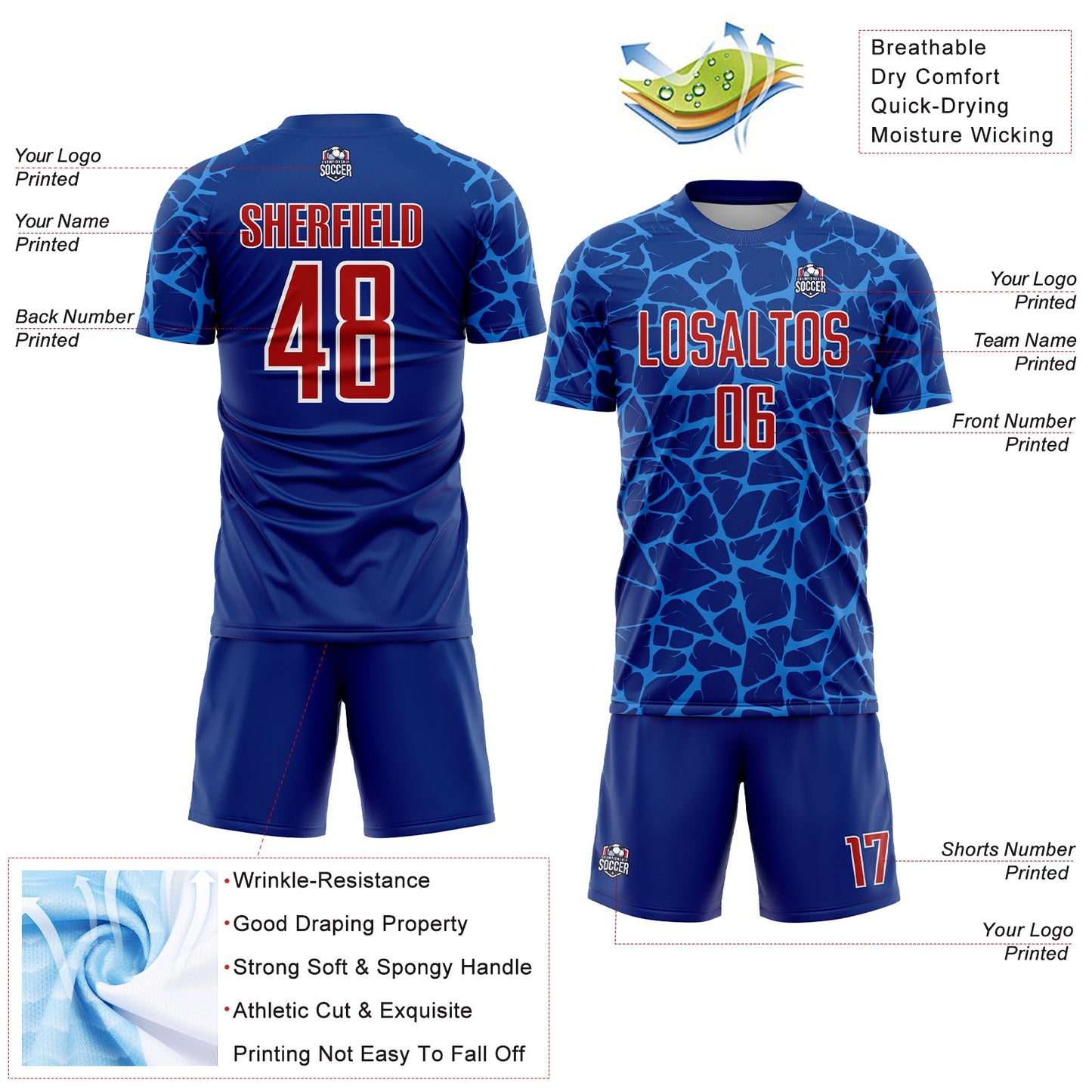 Custom Royal Red-Powder Blue Abstract Network Splash Sublimation Soccer Uniform Jersey - Sky-Custom