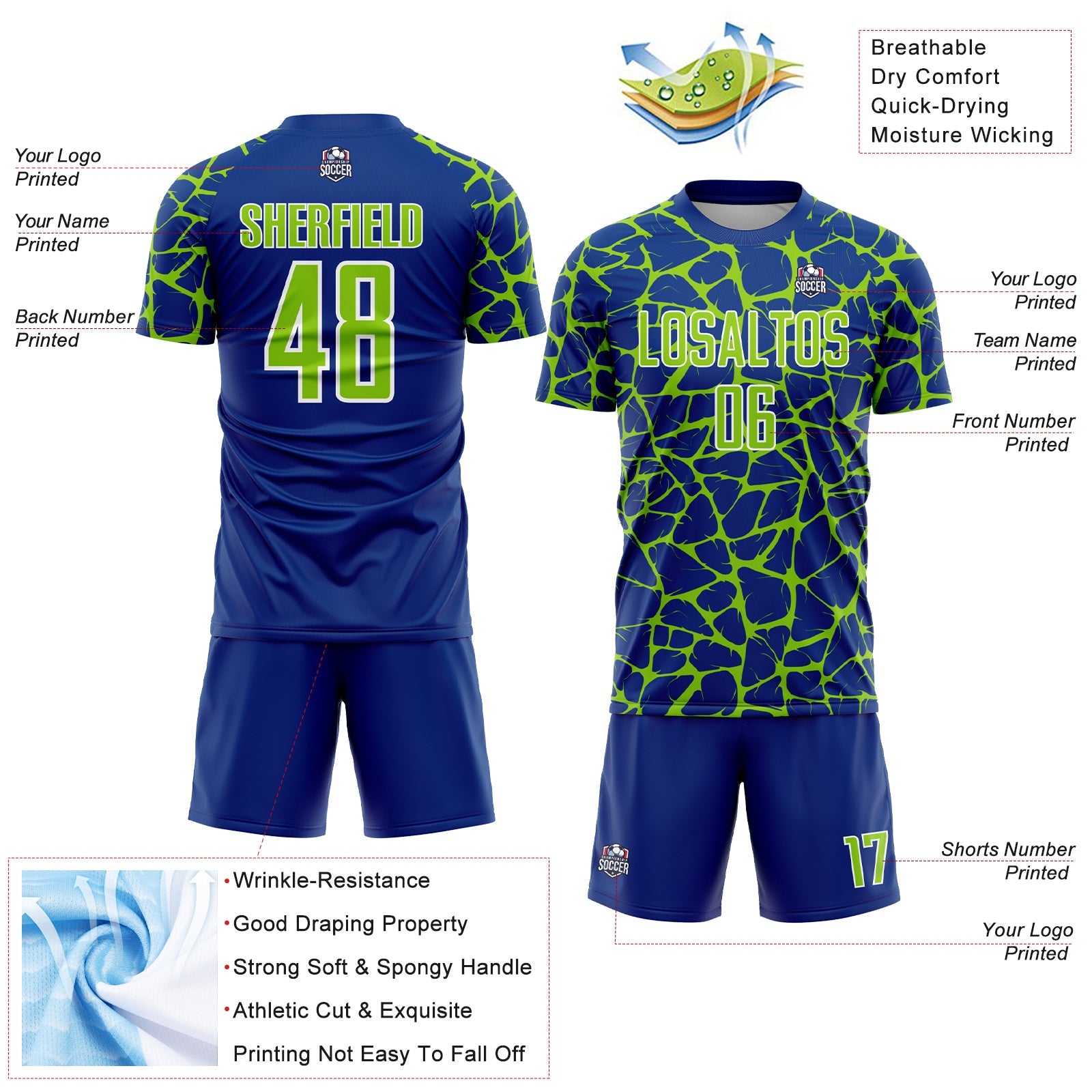 Custom Royal Neon Green-White Abstract Network Splash Sublimation Soccer Uniform Jersey - Sky-Custom