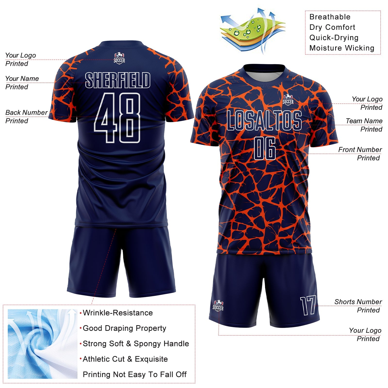 Custom Navy Orange-White Abstract Network Splash Sublimation Soccer Uniform Jersey - Sky-Custom