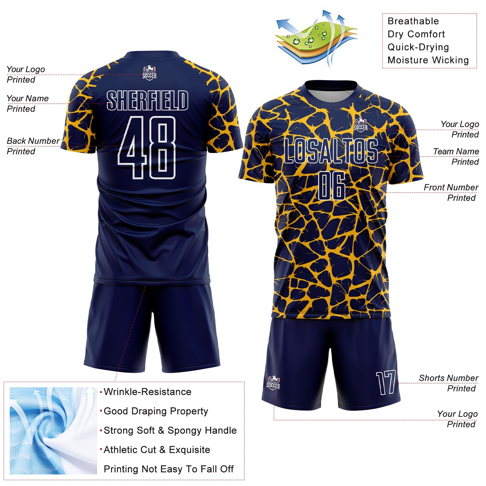 Custom Navy Gold-White Abstract Network Splash Sublimation Soccer Uniform Jersey - Sky-Custom