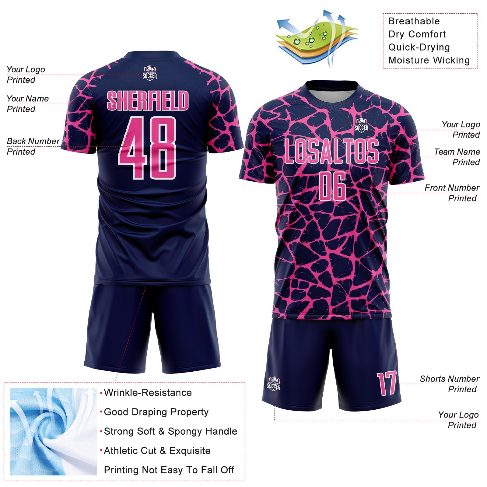 Custom Navy Pink-White Abstract Network Splash Sublimation Soccer Uniform Jersey - Sky-Custom