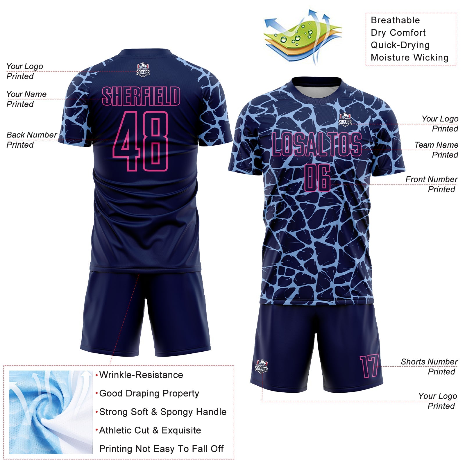Custom Navy Light Blue-Pink Abstract Network Splash Sublimation Soccer Uniform Jersey - Sky-Custom
