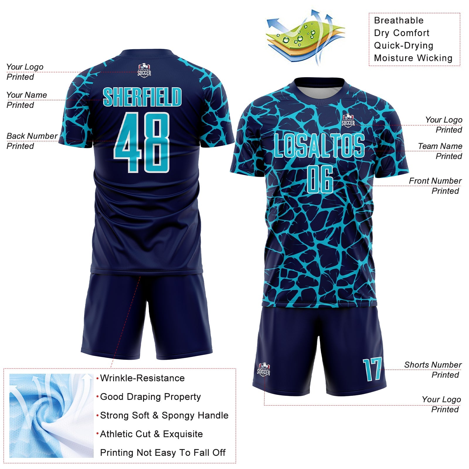 Custom Navy Lakes Blue-White Abstract Network Splash Sublimation Soccer Uniform Jersey - Sky-Custom