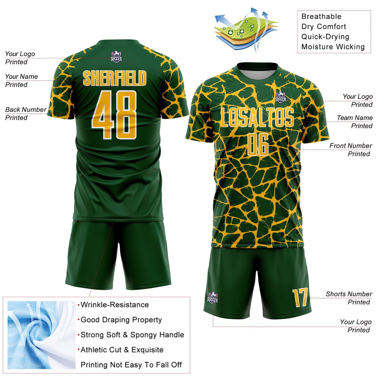 Custom Green Gold-White Abstract Network Splash Sublimation Soccer Uniform Jersey - Sky-Custom