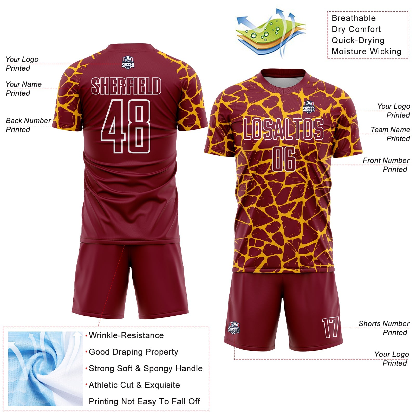 Custom Crimson Gold-White Abstract Network Splash Sublimation Soccer Uniform Jersey - Sky-Custom