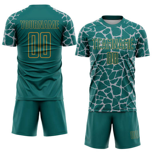 Custom Teal Gray-Old Gold Abstract Network Splash Sublimation Soccer Uniform Jersey - Sky-Custom