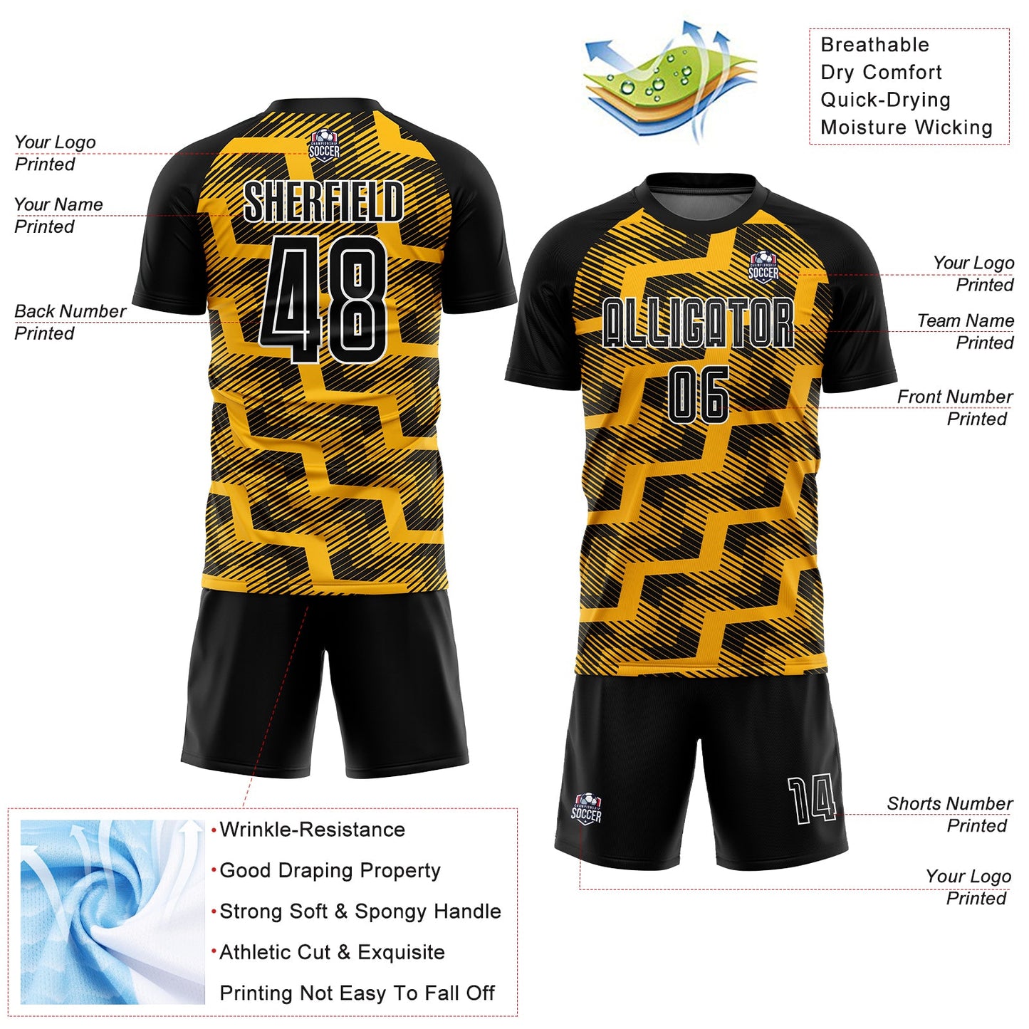 Custom Black Gold-White Line Sublimation Soccer Uniform Jersey - Sky-Custom