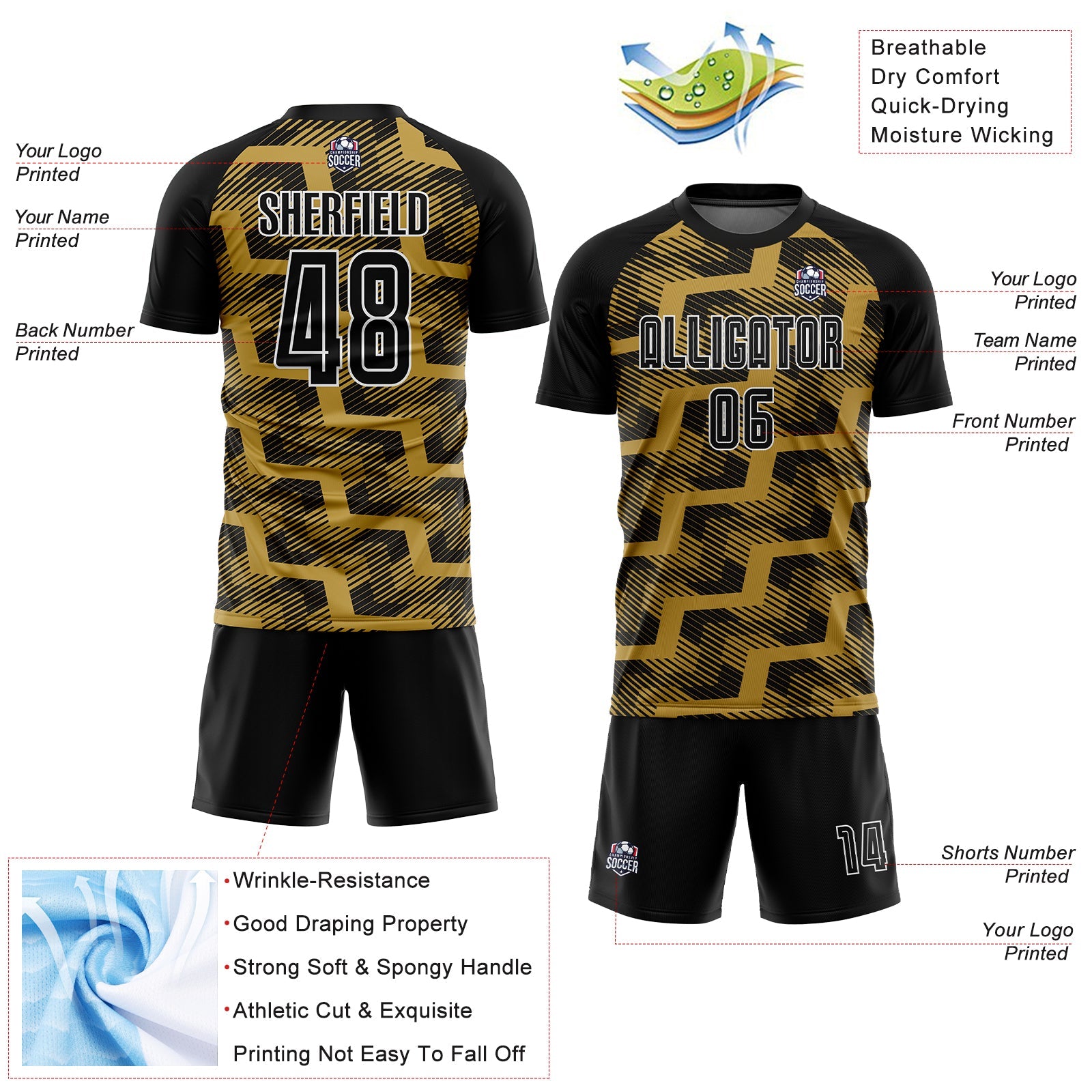 Custom Black Old Gold-White Line Sublimation Soccer Uniform Jersey - Sky-Custom