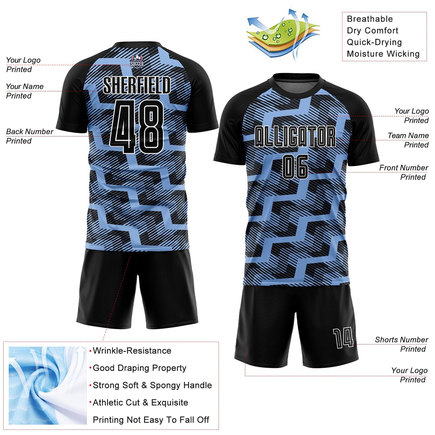 Custom Black Light Blue-White Line Sublimation Soccer Uniform Jersey - Sky-Custom