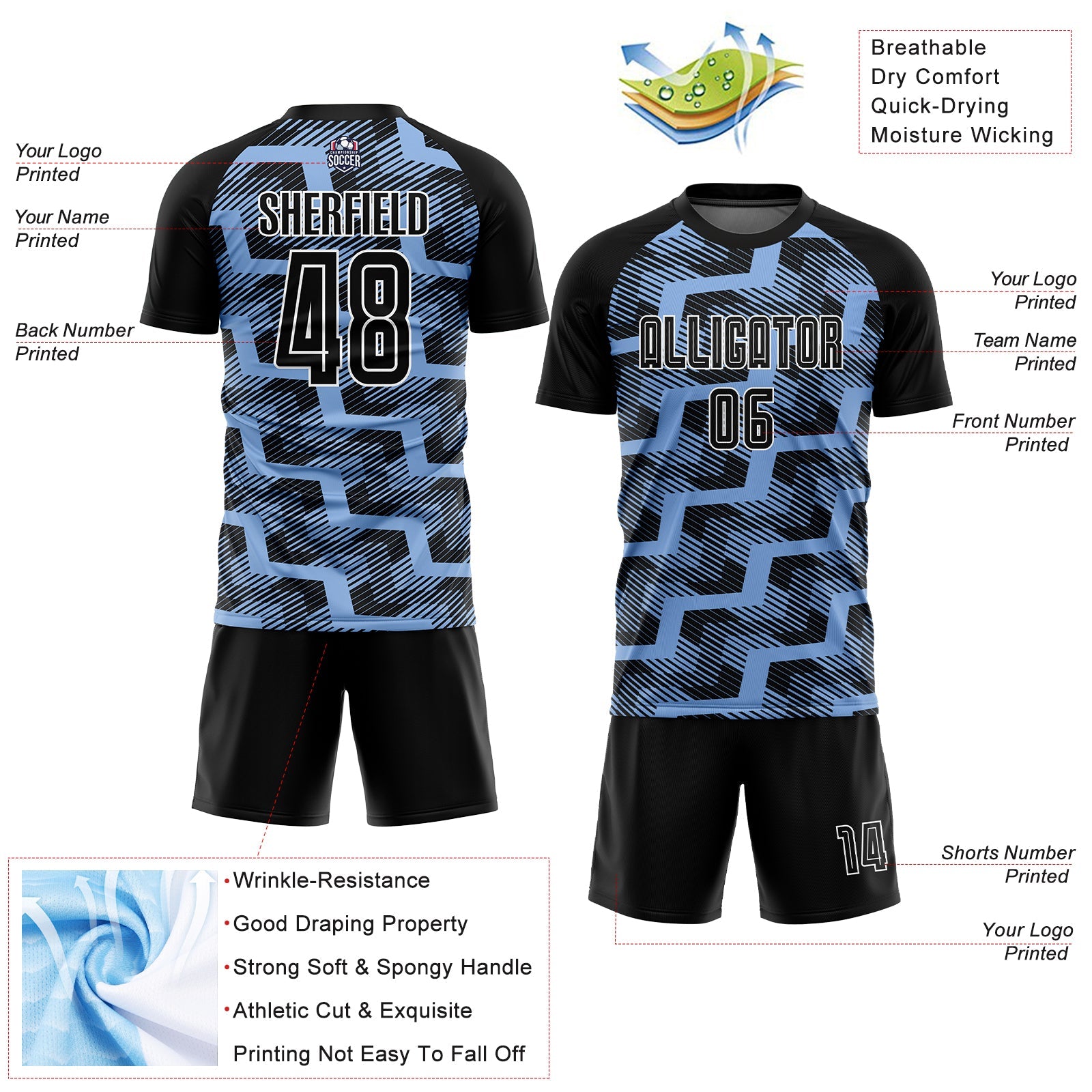 Custom Black Light Blue-White Line Sublimation Soccer Uniform Jersey - Sky-Custom