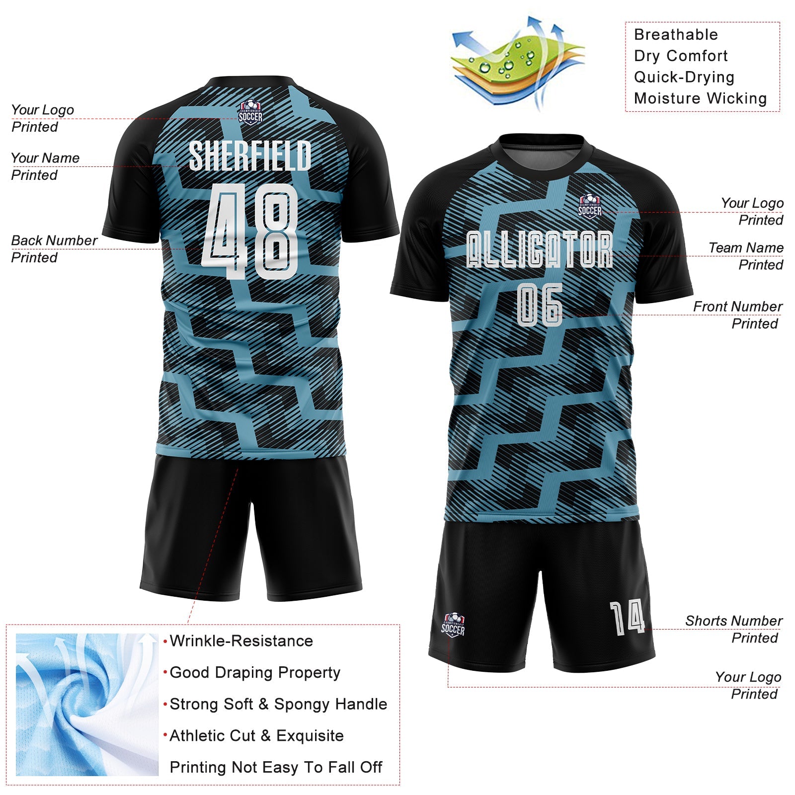 Custom Black White-Shadow Blue Line Sublimation Soccer Uniform Jersey - Sky-Custom