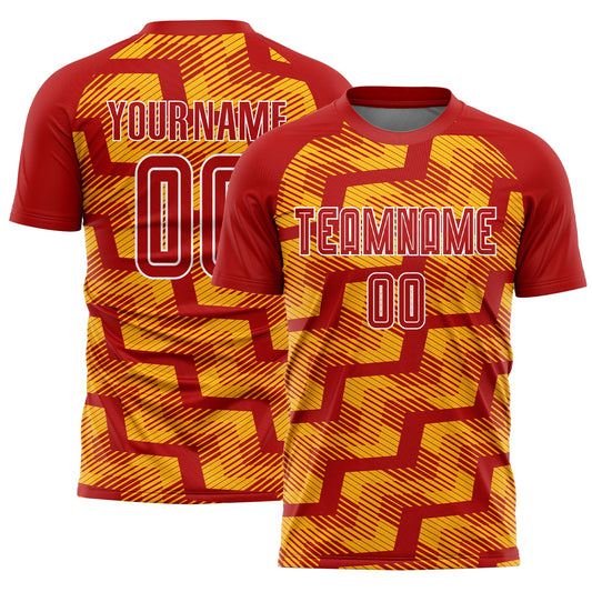 Custom Red Gold-White Line Sublimation Soccer Uniform Jersey - Sky-Custom