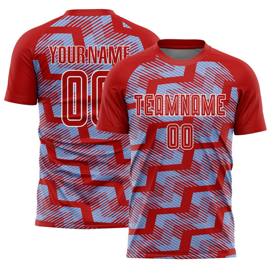 Custom Red Light Blue-White Line Sublimation Soccer Uniform Jersey - Sky-Custom