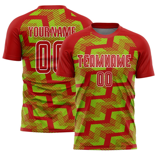 Custom Red Neon Green-White Line Sublimation Soccer Uniform Jersey - Sky-Custom