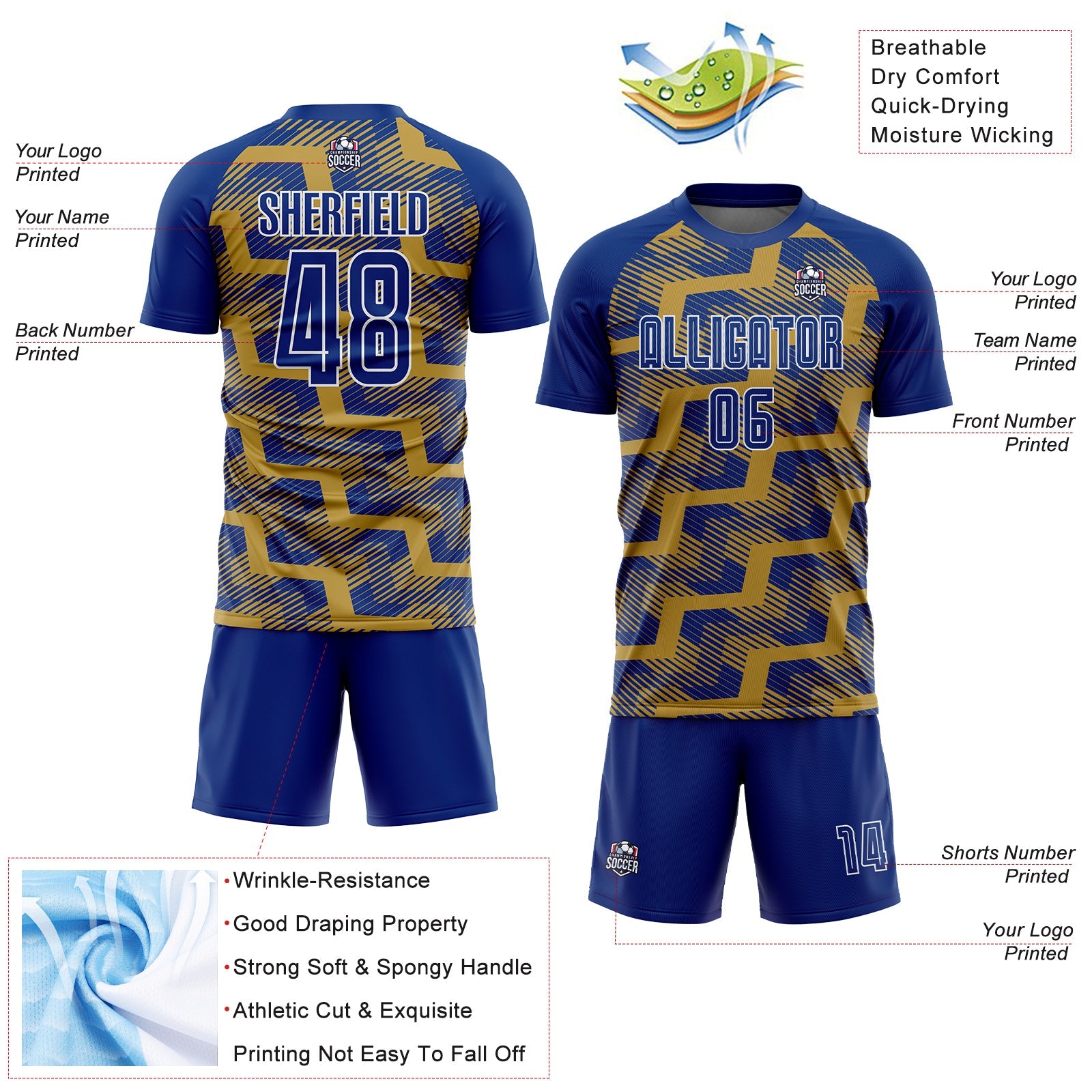 Custom Royal Old Gold-White Line Sublimation Soccer Uniform Jersey - Sky-Custom