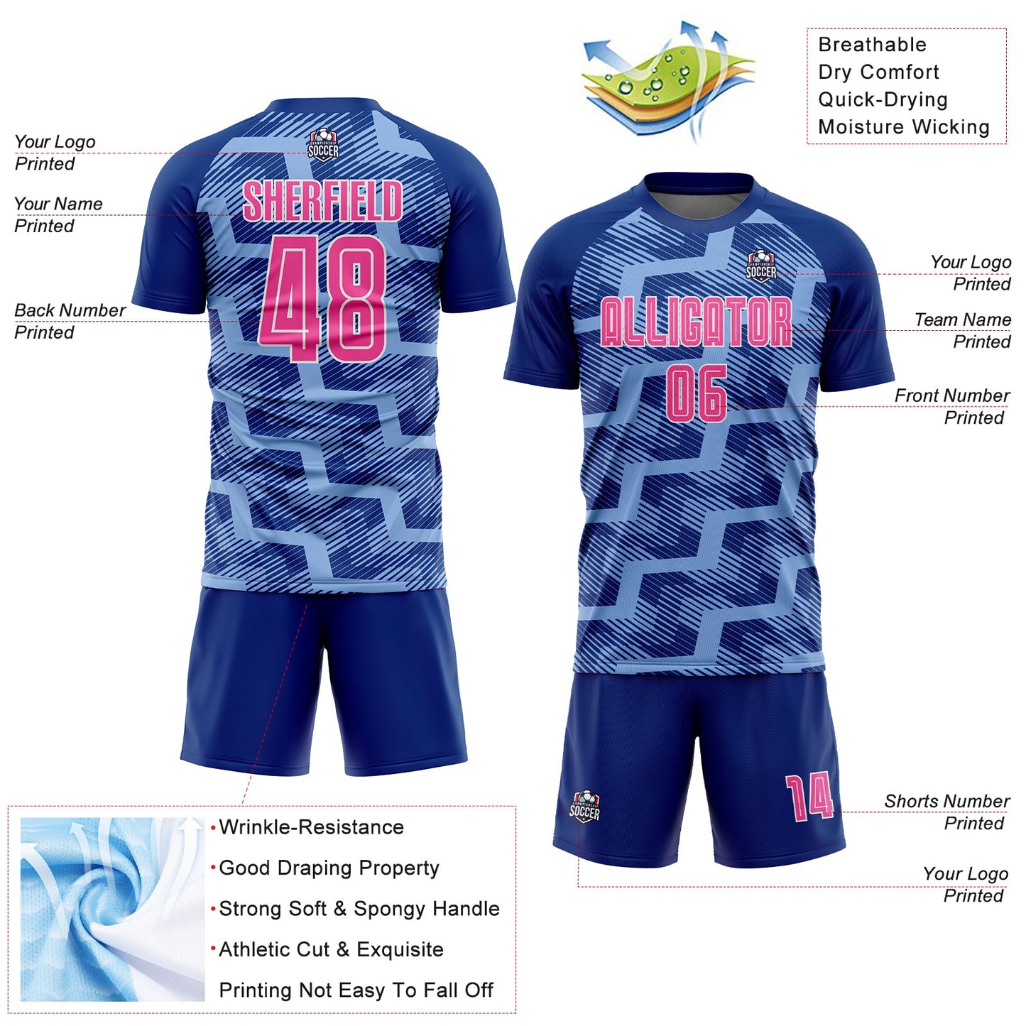 Custom Royal Pink-Light Blue Line Sublimation Soccer Uniform Jersey - Sky-Custom