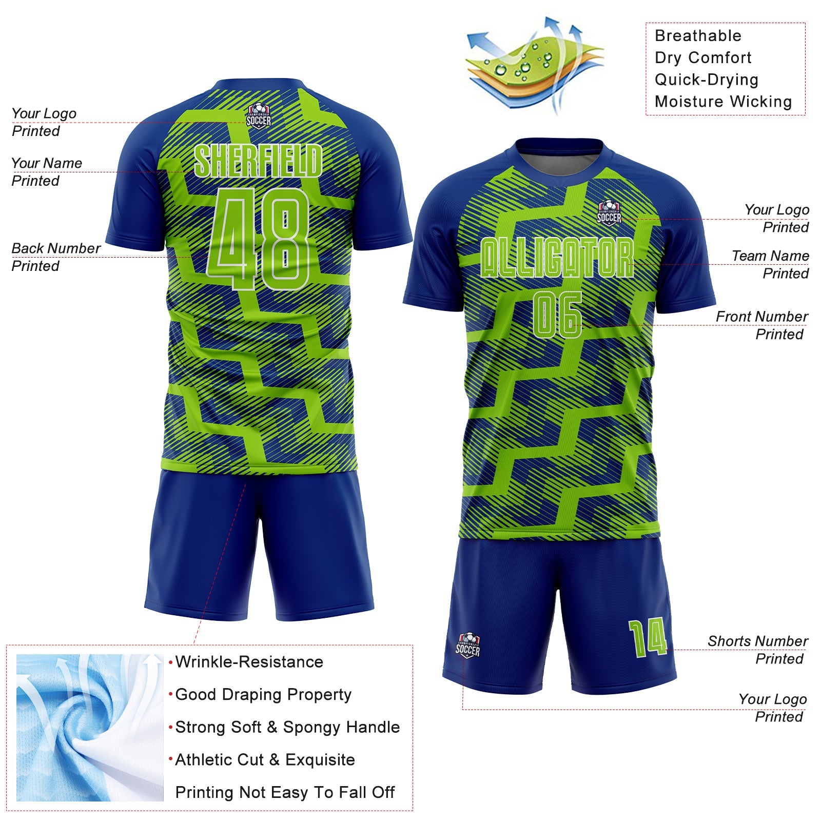 Custom Royal Neon Green-White Line Sublimation Soccer Uniform Jersey - Sky-Custom
