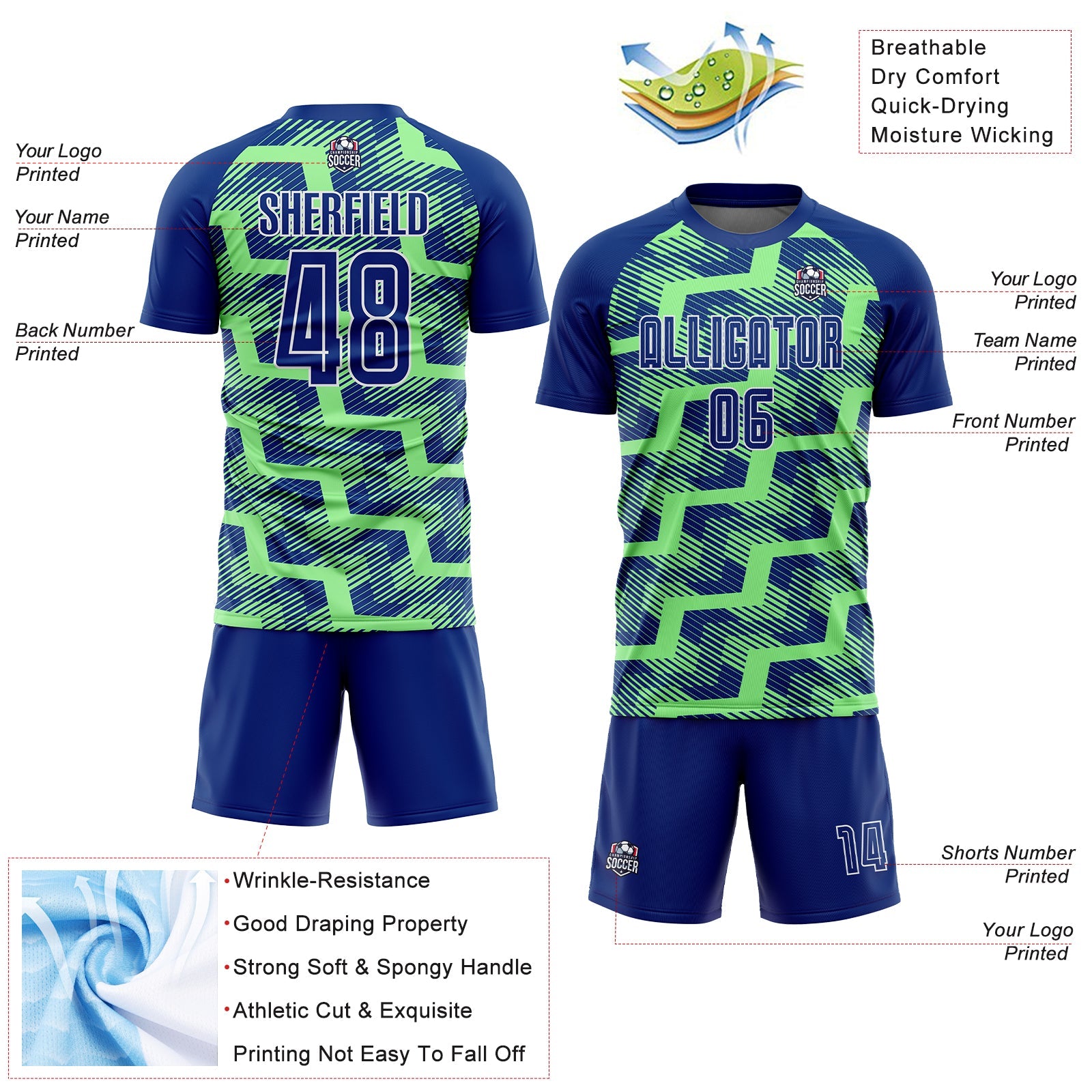 Custom Royal Pea Green-White Line Sublimation Soccer Uniform Jersey - Sky-Custom