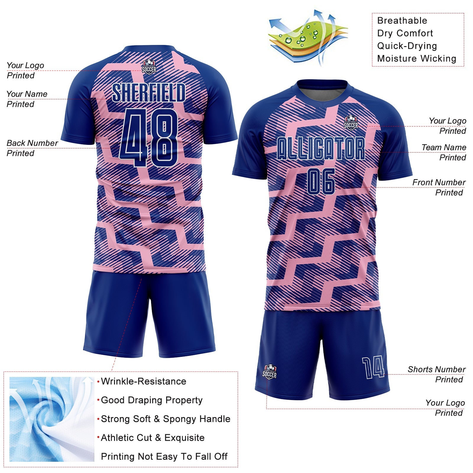 Custom Royal Light Pink-White Line Sublimation Soccer Uniform Jersey - Sky-Custom