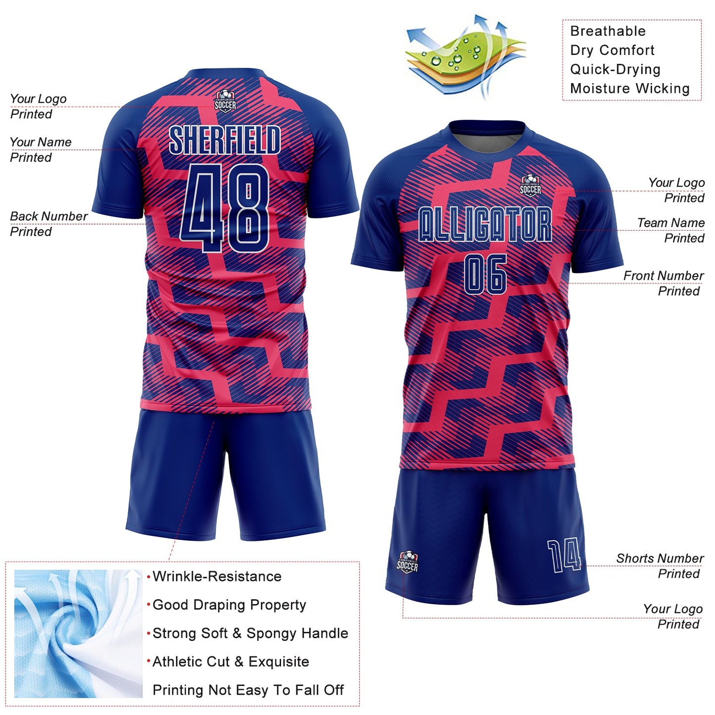 Custom Royal Neon Pink-White Line Sublimation Soccer Uniform Jersey - Sky-Custom