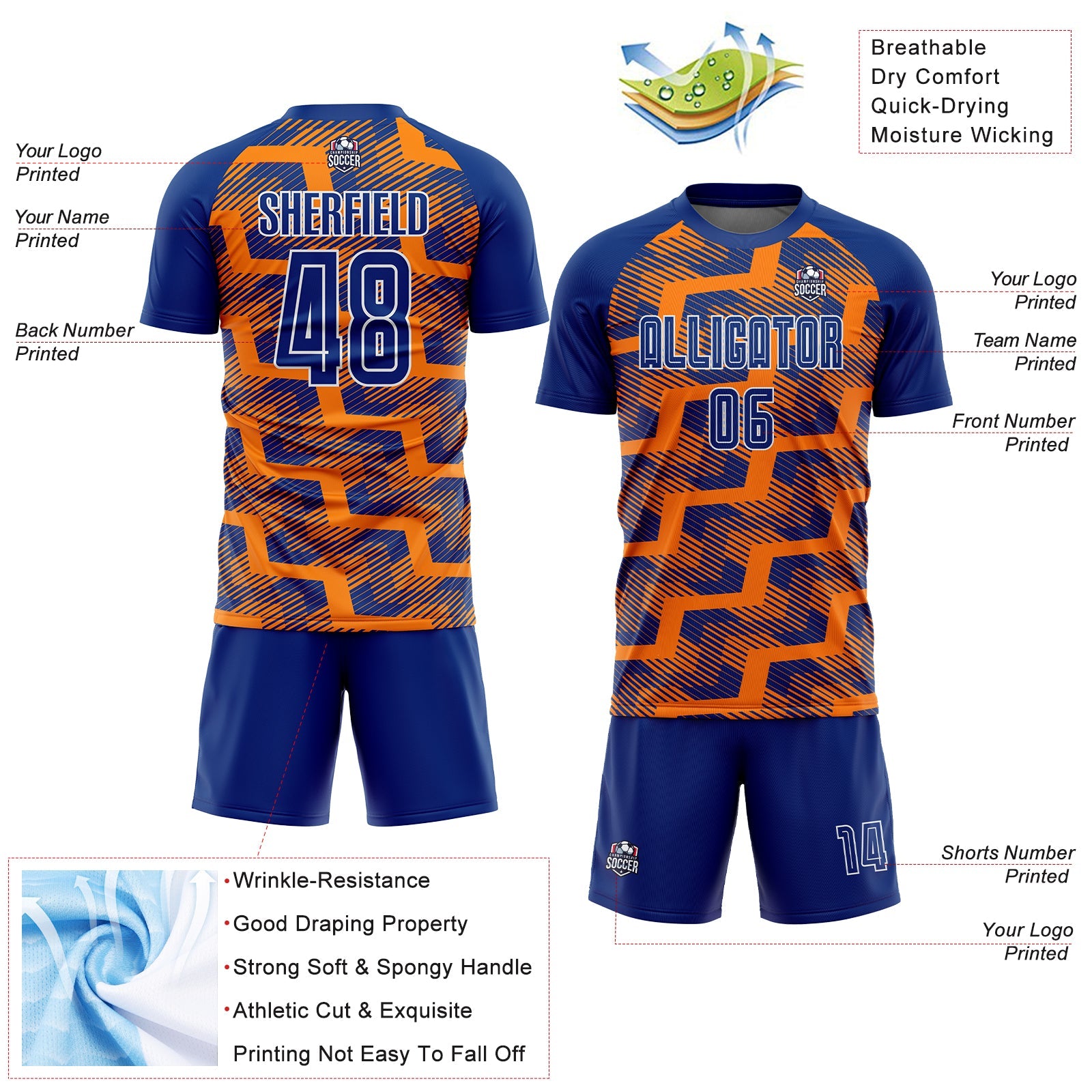 Custom Royal Bay Orange-White Line Sublimation Soccer Uniform Jersey - Sky-Custom