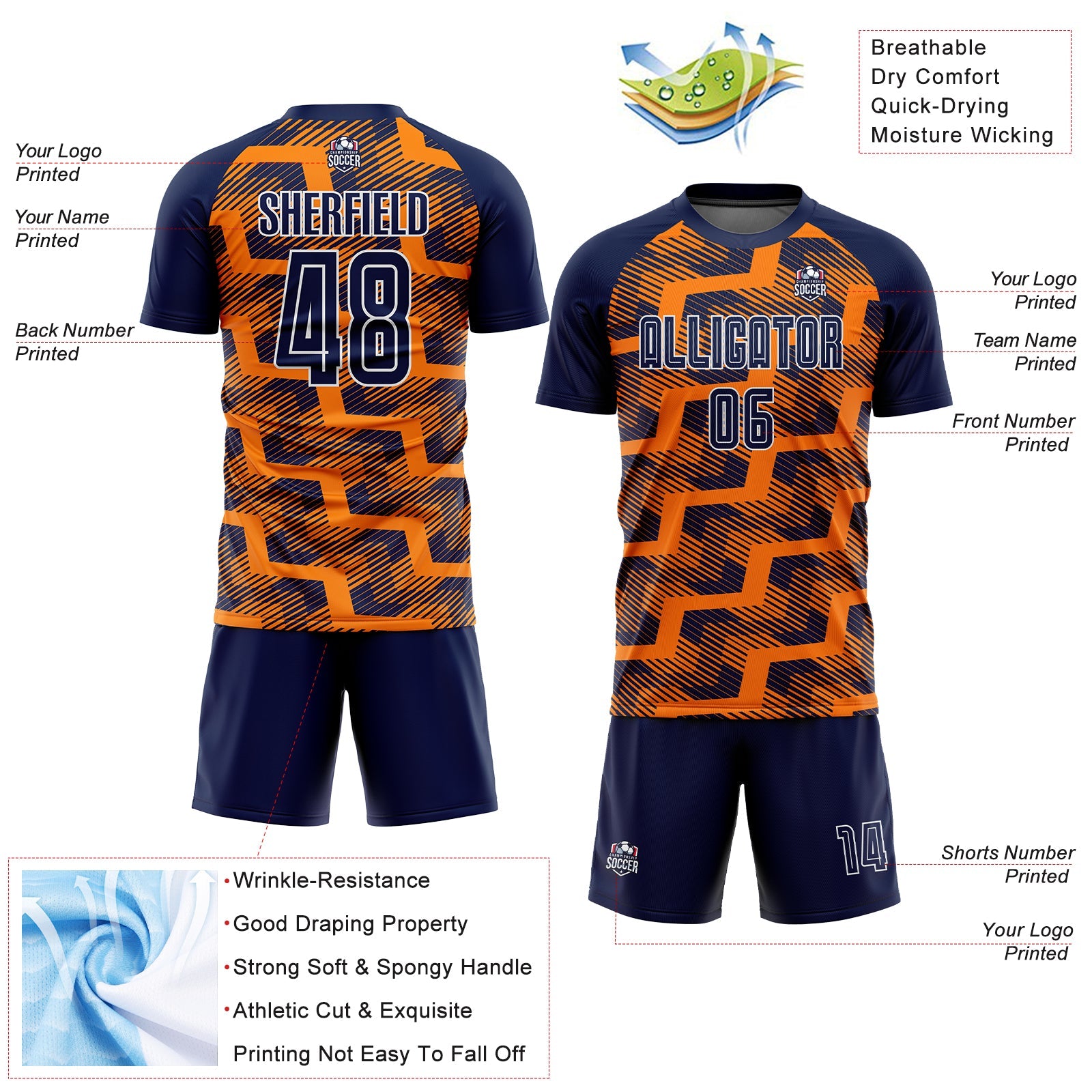 Custom Navy Bay Orange-White Line Sublimation Soccer Uniform Jersey - Sky-Custom