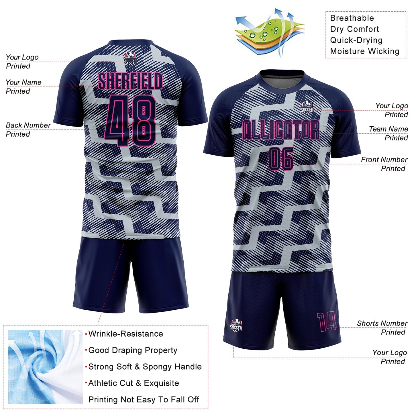 Custom Navy Silver-Pink Line Sublimation Soccer Uniform Jersey - Sky-Custom