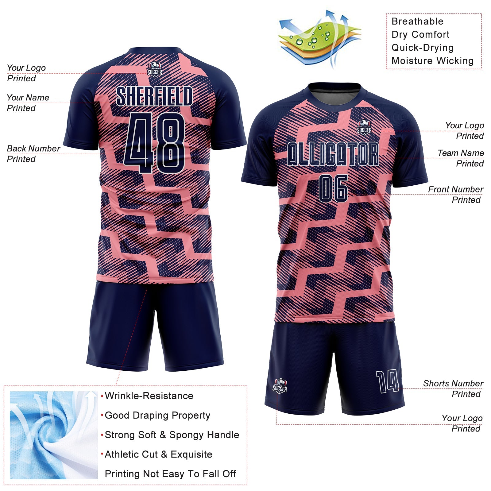Custom Navy Medium Pink-White Line Sublimation Soccer Uniform Jersey - Sky-Custom