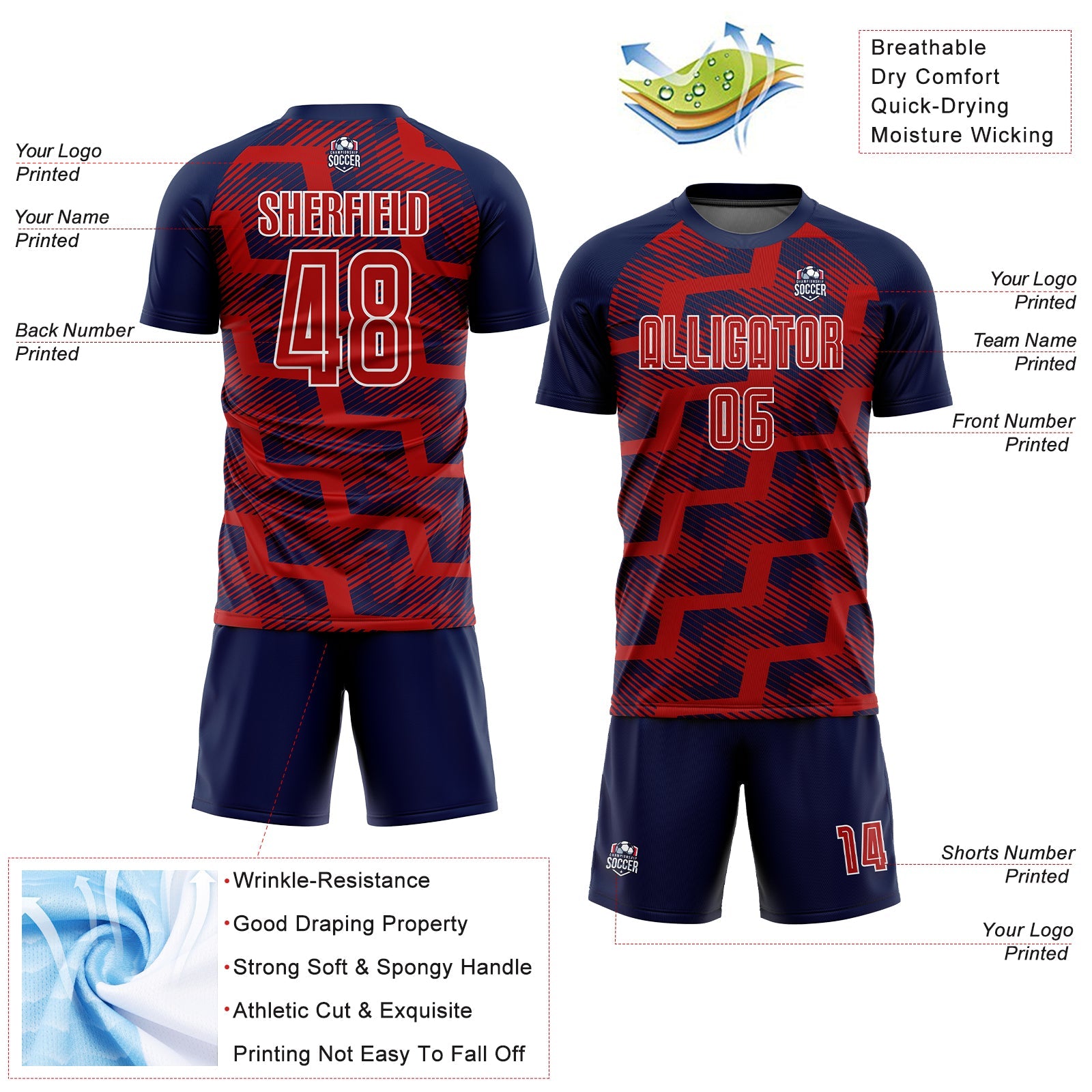 Custom Navy Red-White Line Sublimation Soccer Uniform Jersey - Sky-Custom