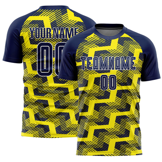 Custom Navy Light Yellow-White Line Sublimation Soccer Uniform Jersey - Sky-Custom