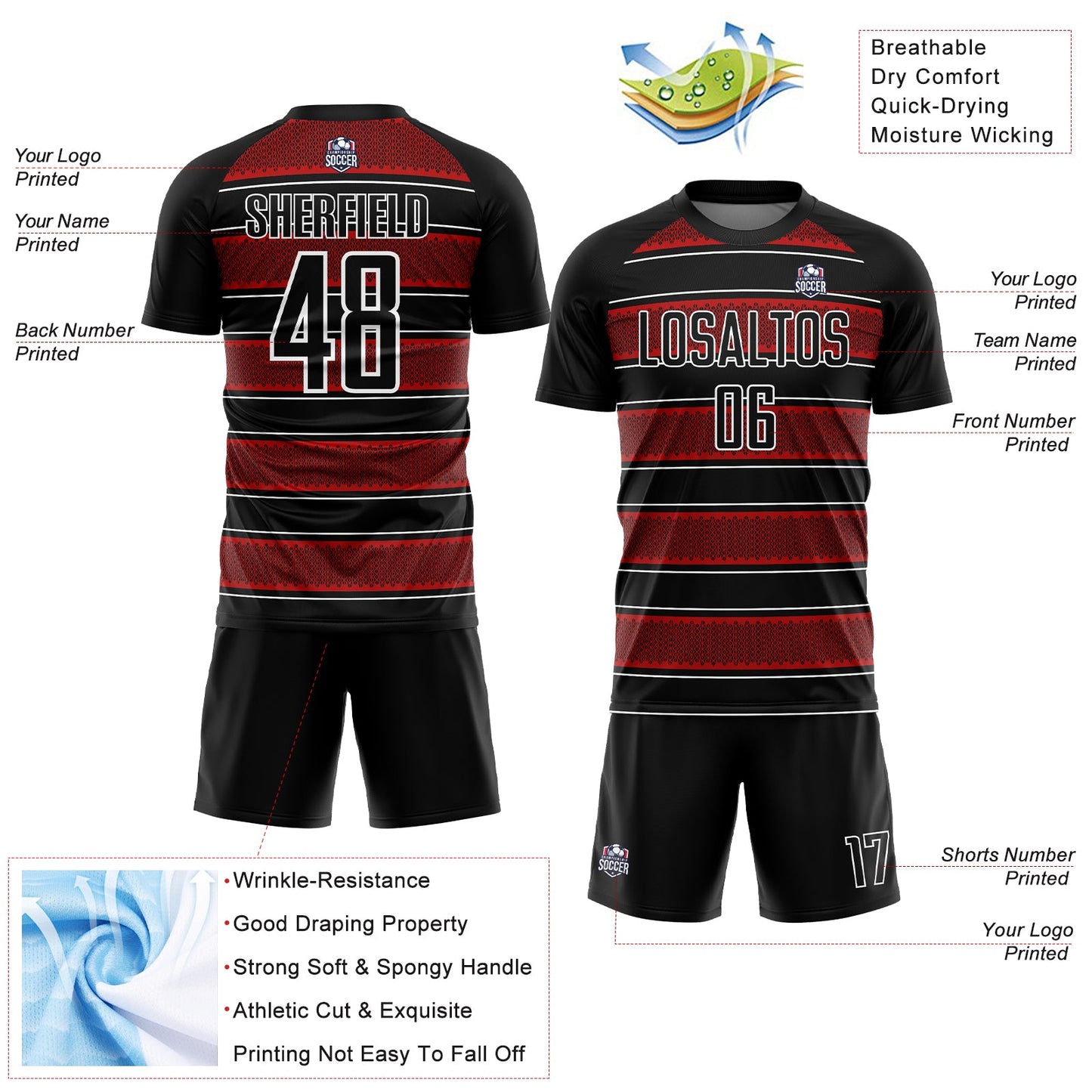 Custom Black Red-White Geometric Shapes And Line Sublimation Soccer Uniform Jersey - Sky-Custom