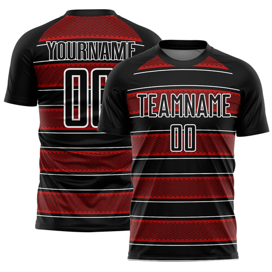 Custom Black Red-White Geometric Shapes And Line Sublimation Soccer Uniform Jersey - Sky-Custom