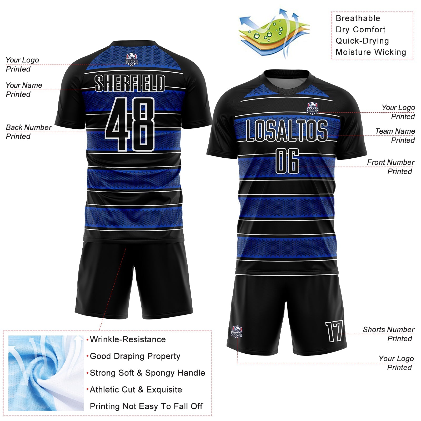 Custom Black Thunder Blue-White Geometric Shapes And Line Sublimation Soccer Uniform Jersey - Sky-Custom