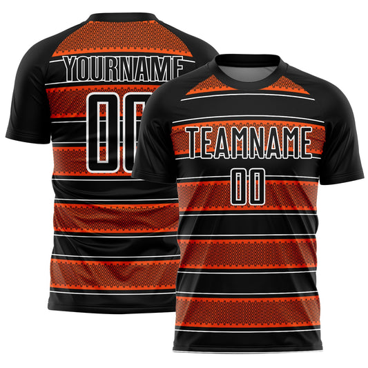 Custom Black Orange-White Geometric Shapes And Line Sublimation Soccer Uniform Jersey - Sky-Custom