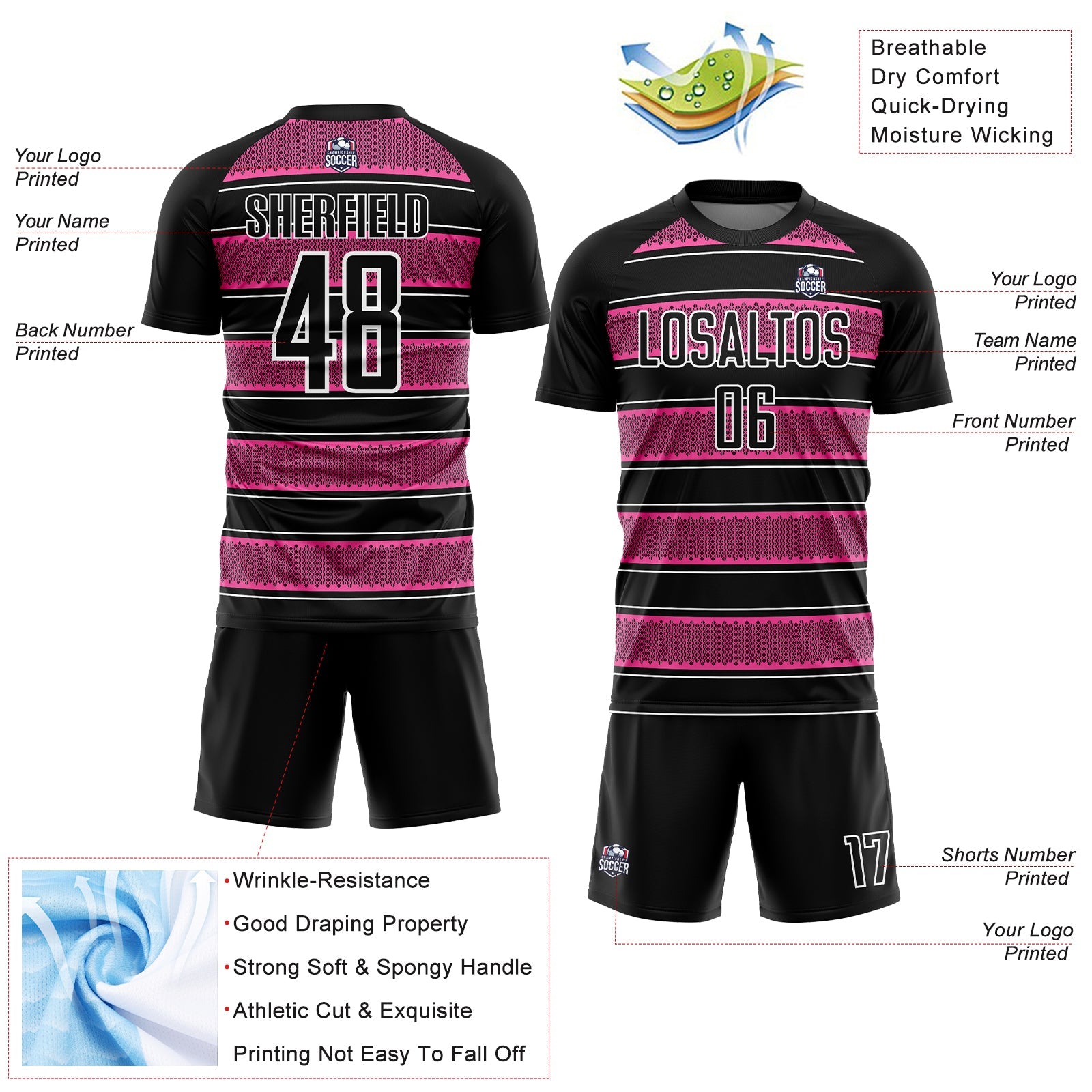 Custom Black Pink-White Geometric Shapes And Line Sublimation Soccer Uniform Jersey - Sky-Custom