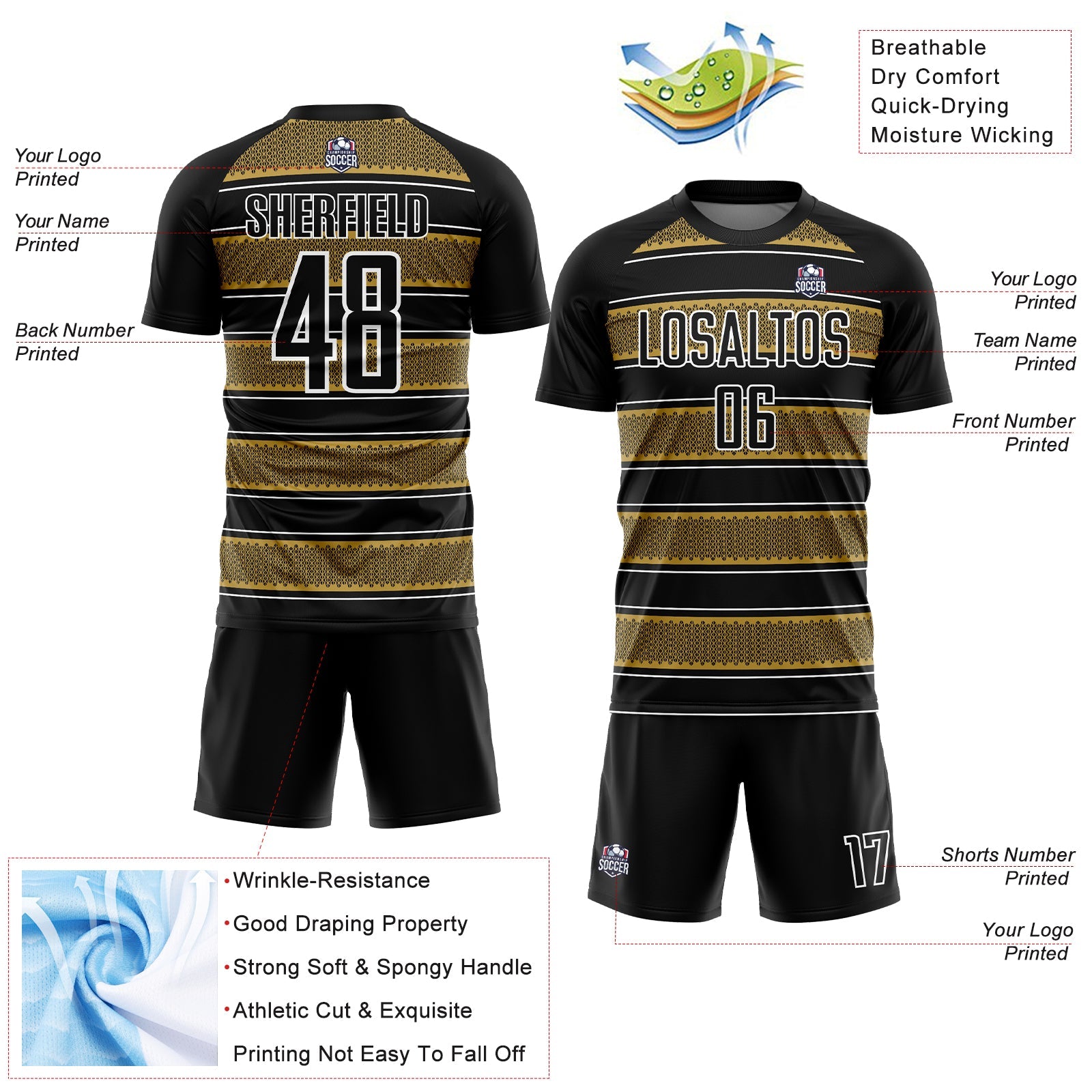 Custom Black Old Gold-White Geometric Shapes And Line Sublimation Soccer Uniform Jersey - Sky-Custom
