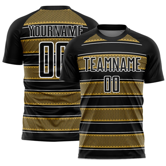 Custom Black Old Gold-White Geometric Shapes And Line Sublimation Soccer Uniform Jersey - Sky-Custom