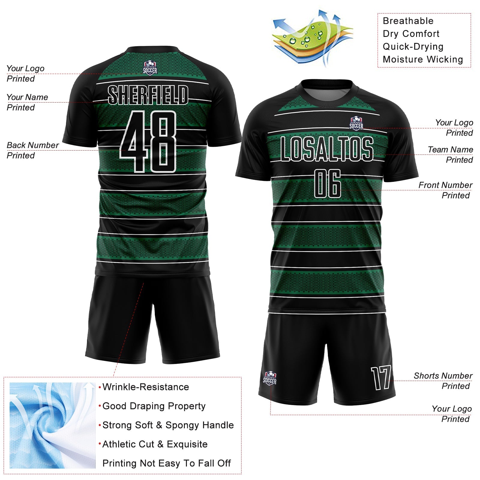 Custom Black Kelly Green-White Geometric Shapes And Line Sublimation Soccer Uniform Jersey - Sky-Custom