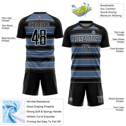 Custom Black Light Blue-White Geometric Shapes And Line Sublimation Soccer Uniform Jersey - Sky-Custom
