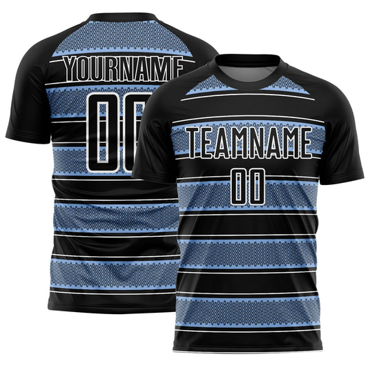 Custom Black Light Blue-White Geometric Shapes And Line Sublimation Soccer Uniform Jersey - Sky-Custom