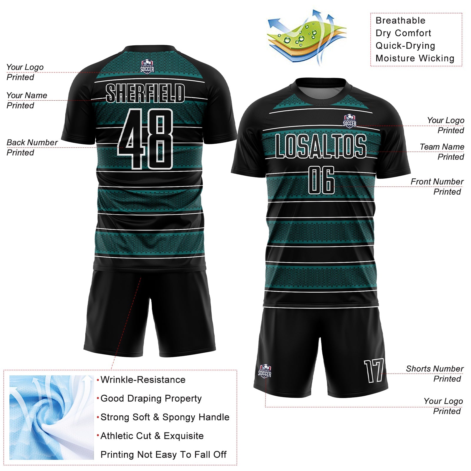 Custom Black Teal-White Geometric Shapes And Line Sublimation Soccer Uniform Jersey - Sky-Custom
