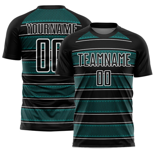 Custom Black Teal-White Geometric Shapes And Line Sublimation Soccer Uniform Jersey - Sky-Custom