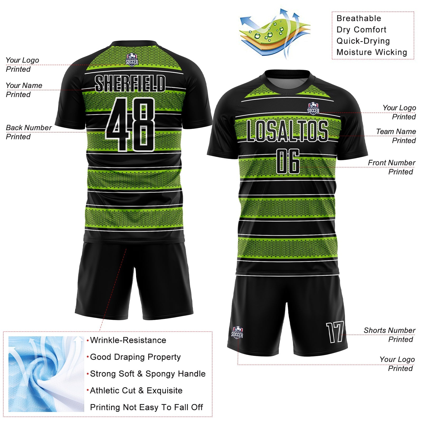 Custom Black Neon Green-White Geometric Shapes And Line Sublimation Soccer Uniform Jersey - Sky-Custom
