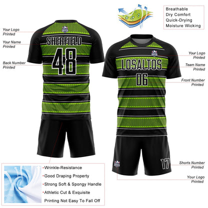Custom Black Neon Green-White Geometric Shapes And Line Sublimation Soccer Uniform Jersey - Sky-Custom