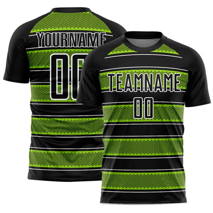 Custom Black Neon Green-White Geometric Shapes And Line Sublimation Soccer Uniform Jersey - Sky-Custom