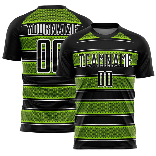 Custom Black Neon Green-White Geometric Shapes And Line Sublimation Soccer Uniform Jersey - Sky-Custom