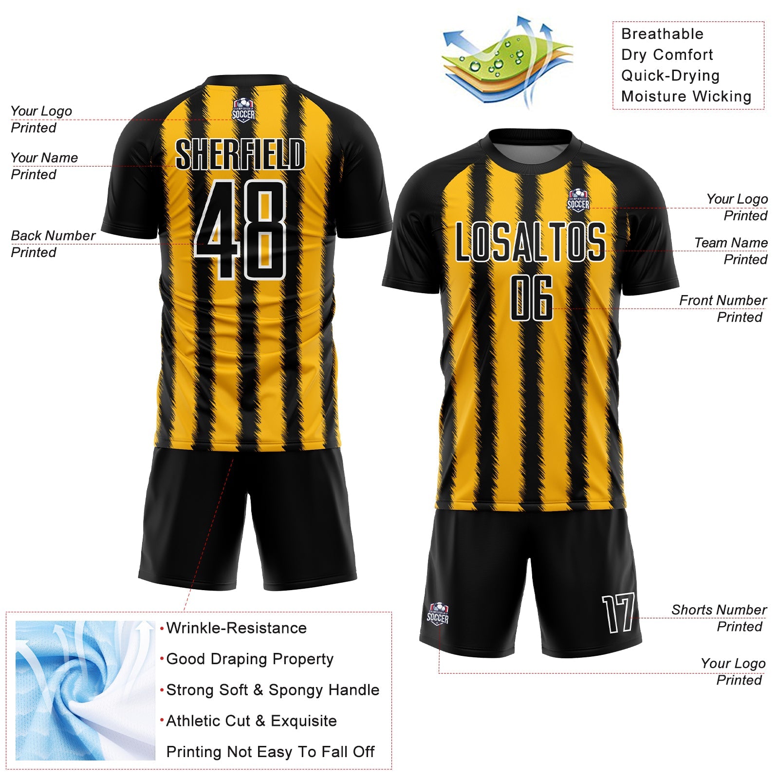 Custom Black Gold-White Line Sublimation Soccer Uniform Jersey - Sky-Custom